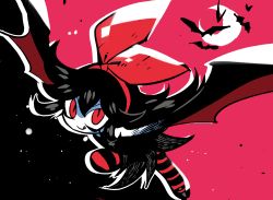 Rule 34 | 1girl, :q, bat (animal), black dress, black hair, bow, crescent moon, dress, flying, hair bow, hairband, long hair, looking at viewer, monochrome, moon, original, outline, pantyhose, rariatto (ganguri), red background, red bow, red eyes, red hairband, red pantyhose, red theme, short dress, slit pupils, solo, spread wings, striped clothes, striped pantyhose, tongue, tongue out, white outline, zakuro (rariatto)