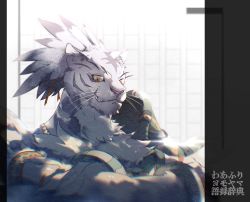 Rule 34 | 1boy, absurdres, animal ears, animal nose, armband, armor, body fur, chromatic aberration, claws, colored sclera, crossed arms, cuffs, furry, furry male, grey fur, grey hair, grin, hair ribbon, happy, highres, japanese text, looking at viewer, magari (magarishock), male focus, multicolored hair, nimbus (world flipper), notched ear, orange eyes, orange ribbon, ribbon, scar, scar on arm, shackles, sharp teeth, short hair, shoulder armor, single shoulder pad, smile, snout, solo, teeth, tiger boy, tiger ears, topknot, translation request, two-tone fur, two-tone hair, upper body, whiskers, white background, white fur, white hair, world flipper, yellow sclera