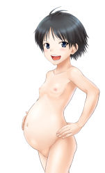Rule 34 | 1girl, antenna hair, black hair, blue eyes, blush, breasts, collarbone, female focus, hand on own hip, highres, idolmaster, idolmaster (classic), kikuchi makoto, looking at viewer, myu-po, navel, nipples, nude, open mouth, pregnant, short hair, simple background, small breasts, solo, standing, white background