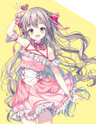 Rule 34 | 1girl, :d, arm up, bare shoulders, bow, brown eyes, candy, chocolate, chocolate heart, commentary request, dress, food, frilled dress, frills, grey hair, hair bow, happy valentine, heart, highres, holding, holding food, long hair, looking at viewer, mizuki yuuma, nail polish, open mouth, original, pink dress, red bow, red nails, smile, solo, striped, striped bow, two-tone background, two side up, valentine, very long hair, white background, yellow background