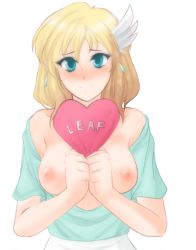 Rule 34 | 1girl, bare shoulders, blonde hair, blue eyes, blush, breasts, closed mouth, collarbone, earrings, facing viewer, fire emblem, fire emblem: genealogy of the holy war, fire emblem: thracia 776, fire emblem heroes, flashing, hair between eyes, hair ornament, head tilt, heart, highres, jewelry, looking at viewer, medium breasts, nanna (fire emblem), nintendo, nipples, short hair, short sleeves, smile, solo, transparent background, tridisart, wing hair ornament