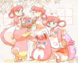 Rule 34 | 3girls, ^ ^, apron, arm behind back, audino, blue eyes, chansey, closed eyes, closed mouth, collared dress, cookie, creatures (company), cup, dress, drinking straw, drinking straw in mouth, eyes visible through hair, food, game freak, gen 1 pokemon, gen 5 pokemon, hair ornament, hair rings, hairclip, hand up, hands up, hat, heart, heart of string, holding, holding cup, interlocked fingers, jigglypuff, joy (pokemon), katiko, mary janes, multiple girls, nintendo, no nose, nurse, nurse cap, pantyhose, pink dress, pink footwear, pink hair, pocket, pokemon, pokemon (anime), pokemon (classic anime), pokemon (creature), pokemon bw (anime), pokemon xy (anime), puffy short sleeves, puffy sleeves, shoes, short hair, short sleeves, sitting, sleeves past elbows, smile, standing, white apron, white headwear, white pantyhose, wigglytuff