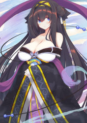 Rule 34 | 1girl, black ribbon, black sleeves, blue eyes, blush, breasts, brown hair, cleavage, clothing request, collarbone, detached sleeves, double bun, hair between eyes, hair bun, hair ornament, hair ribbon, hairband, highres, japanese clothes, large breasts, long hair, looking at viewer, off shoulder, parted lips, purple shawl, ribbon, rinne (sennen sensou aigis), sennen sensou aigis, shawl, sleeves past wrists, solo, strapless, upper body, very long hair, wide sleeves, yin yang, yomerinne