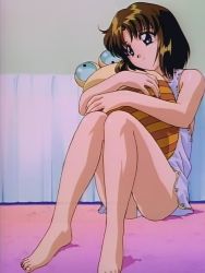 Rule 34 | 1990s (style), 1girl, bed, bed sheet, brown hair, legs, lilith (megami paradise), megami paradise, panties, pantyshot, retro artstyle, screencap, short hair, solo, stitched, third-party edit, underwear, white panties