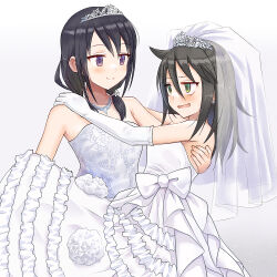 Rule 34 | 2girls, bags under eyes, bare shoulders, black hair, blush, bow, bridal veil, bride, carrying, closed mouth, commentary request, commission, couple, dress, dress bow, earrings, elbow gloves, eye contact, female focus, flower, frilled dress, frills, gloves, green eyes, hair between eyes, hair flower, hair ornament, hand on another&#039;s shoulder, happy, jewelry, kuroki tomoko, leaf print, long hair, looking at another, low twintails, multiple girls, nail polish, necklace, okiru, open mouth, orange nails, princess carry, print dress, purple eyes, simple background, skeb commission, smile, standing, strapless, strapless dress, tamura yuri, tiara, twintails, veil, watashi ga motenai no wa dou kangaetemo omaera ga warui!, wedding dress, white background, white bow, white dress, white flower, white gloves, wife and wife, yuri