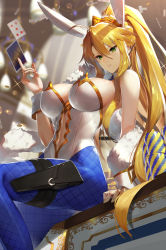 Rule 34 | 1girl, animal ears, arm support, artoria pendragon (all), artoria pendragon (fate), artoria pendragon (lancer) (fate), artoria pendragon (swimsuit ruler) (fate), bare shoulders, blonde hair, blue pantyhose, blurry, blurry background, breasts, card, casino card table, cleavage, detached collar, fake animal ears, fate/grand order, fate (series), fishnets, green eyes, hair between eyes, highres, holding, holding card, large breasts, leotard, long hair, looking at viewer, necktie, pantyhose, parted lips, playboy bunny, playing card, ponytail, rabbit ears, scottie (phantom2), sidelocks, sitting, solo, table, thigh strap, white leotard, wrist cuffs