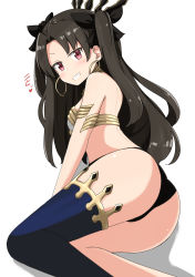 Rule 34 | 1girl, absurdres, aikawa ryou, ass, bare shoulders, black hair, black panties, black ribbon, blue thighhighs, blush, commentary request, earrings, fate/grand order, fate (series), grin, hair ribbon, highres, hoop earrings, ishtar (fate), jewelry, long hair, looking at viewer, panties, parted bangs, red eyes, ribbon, shadow, single thighhigh, smile, solo, thighhighs, tiara, translation request, two side up, underwear, very long hair, white background