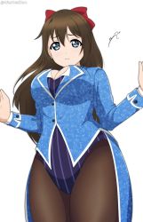 Rule 34 | 1girl, absurdres, alter real zero, aqua dress, aqua eyes, artist name, artist request, blue eyes, blush, bow, breasts, brown hair, brown socks, buttons, cleavage, coattails, collared dress, dress, female focus, hair between eyes, hair bow, half updo, high ponytail, highres, leotard, long hair, long sleeves, looking at viewer, love live!, love live! nijigasaki high school idol club, medium breasts, osaka shizuku, pantyhose, parted lips, ponytail, red bow, sleeve cuffs, smile, socks, solo, striped clothes, striped leotard, white background, worried