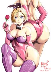 Rule 34 | 1girl, ass, back, back cutout, backless dress, backless outfit, blonde hair, blue eyes, bow, bowtie, breasts, cleavage, clothing cutout, dress, elbow gloves, flower, gloves, highleg, highleg leotard, hip bones, huge ass, king (snk), large breasts, leotard, multiple views, ori tsuki, playboy bunny, rabbit ears, rose, ryuuko no ken, shiny skin, short hair, snk, striped clothes, striped thighhighs, the king of fighters, thick thighs, thighhighs, thighs