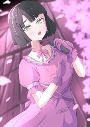 Rule 34 | 1girl, :o, black hair, blunt bangs, blunt ends, blurry, blurry background, blush, commentary request, dhuno g, dress, earrings, falling petals, frilled dress, frilled gloves, frills, gloves, green eyes, highres, holding, holding microphone, jewelry, link! like! love live!, looking at viewer, love live!, microphone, momose ginko, neck ribbon, open mouth, petals, pink dress, pink gloves, pink petals, pink ribbon, puffy short sleeves, puffy sleeves, reflection in the mirror (love live!), ribbon, short hair, short sleeves, signature, solo, upper body, virtual youtuber