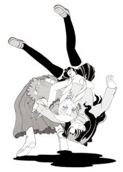 Rule 34 | 2girls, arched back, boots, catfight, closed mouth, dress, drill hair, fate/hollow ataraxia, fate/stay night, fate (series), full body, greyscale, kamen-maskman, leaning back, loafers, long hair, long sleeves, luviagelita edelfelt, miniskirt, monochrome, multiple girls, open mouth, parted lips, pleated skirt, shoes, short sleeves, simple background, skirt, smile, surprised, sweat, sweater, thighhighs, tohsaka rin, twintails, two side up, upside-down, upskirt, white background, wide-eyed, wrestling, zettai ryouiki
