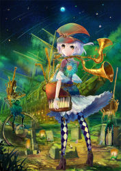Rule 34 | 1girl, black hat, checkered clothes, checkered legwear, cross, gears, hat, holding, holding instrument, instrument, inzanaki, keyboard (instrument), looking at viewer, moon, original, pantyhose, shooting star, short hair, silver hair, smile, solo, star (sky), star (symbol), tombstone, yellow eyes