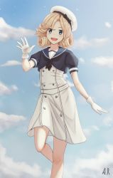 Rule 34 | 1girl, absurdres, black neckwear, black shirt, blonde hair, blue eyes, blue sailor collar, blue sky, cloud, day, dress, durian12, feet out of frame, gloves, hat, highres, janus (kancolle), kantai collection, looking at viewer, open mouth, outdoors, sailor collar, sailor dress, sailor hat, shirt, short hair, short sleeves, sky, smile, solo, white dress, white gloves, white hat