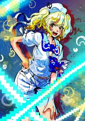 Rule 34 | 1girl, absurdres, anchor, blonde hair, blue sailor collar, cowboy shot, fang, hand on own hip, hand on own thigh, hat, highres, kitashirakawa chiyuri, kuya (hey36253625), laser, leaning forward, moon, open mouth, pixels, revision, sailor collar, shorts, solo, space, teeth, touhou, touhou (pc-98), twintails, upper teeth only, white shorts, yellow eyes