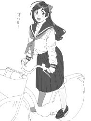 Rule 34 | 1girl, ahoge, alternate costume, bicycle, bicycle basket, bow, full body, greyscale, hair bow, highres, kantai collection, loafers, long hair, long sleeves, looking at viewer, mamiya (kancolle), monochrome, neckerchief, ojipon, pleated skirt, school uniform, serafuku, shoes, skirt, solo
