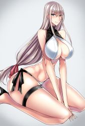Rule 34 | 1girl, between legs, bikini, blue eyes, blush, breasts, center opening, cleavage, closed mouth, elena vilenskaya, from side, full body, gakuen taisen valkyries, gradient background, grey background, groin, hair between eyes, halterneck, hand between legs, high heels, highres, hip focus, huge breasts, light smile, long hair, looking at viewer, low-tied long hair, mugenshiki, narrow waist, navel, seiza, shoes, side-tie bikini bottom, sidelocks, silver hair, sitting, smile, solo, swimsuit, thick thighs, thigh strap, thighs, turtleneck, v arms, very long hair, wide hips