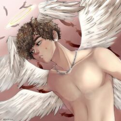 Rule 34 | 1boy, angel wings, chain, chain necklace, collarbone, commentary request, commission, curly hair, eyebrows hidden by hair, feathered wings, halo, highres, jewelry, male focus, multiple wings, necklace, nude, original, solo, twitter username, wings, yerueriart