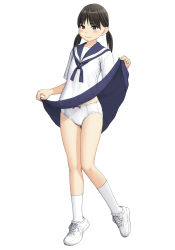 1girl, bangs, black eyes, black hair, blouse, blue neckwear, blue sailor collar, blue skirt, blush, bow, bow panties, closed mouth, commentary request, cross-laced footwear, crotch seam, eyebrows visible through hair, full body, heel up, lifted by self, looking at viewer, low twintails, maburu (lojyq1eur3e8bit), medium hair, miniskirt, neckerchief, original, panties, pleated skirt, sailor collar, shoes, short sleeves, simple background, skirt, skirt lift, smile, sneakers, socks, solo, standing, twintails, underwear, white background, white blouse, white footwear, white legwear, white panties