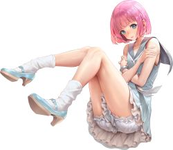 Rule 34 | 1boy, ass, bloomers, blue eyes, bracelet, catherine (game), clothes between thighs, crossdressing, crossed arms, destiny child, dress, full body, high heels, highres, jewelry, kim hyung tae, looking at viewer, male focus, necktie, official art, pink hair, rin (catherine), sailor collar, short dress, short hair, sleeveless, socks, solo, thighs, transparent background, trap, underwear, white necktie