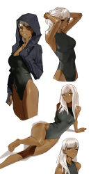 Rule 34 | 1girl, absurdres, arm support, black hoodie, black one-piece swimsuit, blonde hair, commentary, cropped hoodie, cropped legs, dark-skinned female, dark skin, english commentary, highres, hood, hoodie, lying, medium hair, multiple views, one-piece swimsuit, original, simple background, standing, swimsuit, tbocart, tying hair, white background