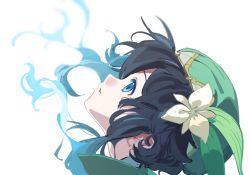Rule 34 | 1boy, androgynous, aqua eyes, aqua hair, beret, black hair, braid, collar, flower, from side, genshin impact, gradient hair, green hat, hat, hat flower, highres, looking up, moai on, multicolored hair, open mouth, portrait, short hair with long locks, simple background, solo, twin braids, venti (genshin impact), white background, white flower
