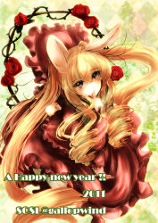 00s 10s 1girl 2011 :&lt; animal_ears blonde_hair blue_eyes bonnet dress drill_hair female_focus flower highres long_hair new_year plant rabbit_ears rose rozen_maiden shinku solo text_focus twintails very_long_hair yuki_hikari