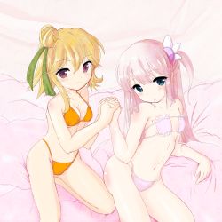 Rule 34 | 2girls, absurdres, bed, blonde hair, blue eyes, blush, bra, breasts, chiyoda momo, closed mouth, collarbone, groin, hair bun, hair in own mouth, hair ornament, hair ribbon, highres, hinatsuki mikan, holding hands, lingerie, long hair, looking at viewer, machikado mazoku, multiple girls, navel, on bed, orange bra, orange panties, panties, pink bra, pink hair, pink panties, purple eyes, ribbon, sesturikka, shiny skin, single hair bun, small breasts, smile, underwear, underwear only
