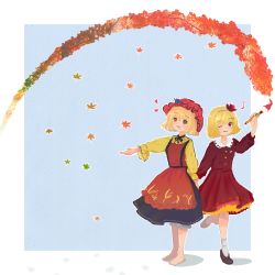 Rule 34 | 2girls, ;), aki minoriko, aki shizuha, apron, autumn leaves, blonde hair, blue background, border, brown footwear, closed mouth, commentary request, dress, food, fruit, full body, grapes, hat, highres, holding, holding hands, holding paintbrush, leaf, long sleeves, looking at viewer, maple leaf, mob cap, multiple girls, musical note, one eye closed, paintbrush, red apron, red dress, red eyes, red headwear, short hair, siblings, simple background, sisters, smile, socks, standing, touhou, wheat print, white border, white socks, yuki mizuhashi