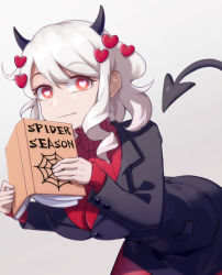 Rule 34 | 1girl, black horns, black suit, blush, book, breasts, commentary request, demon girl, demon horns, demon tail, formal, grey background, heart, heart-shaped pupils, helltaker, holding, holding book, horns, large breasts, ling huanxiang, long sleeves, looking at viewer, medium hair, modeus (helltaker), pantyhose, red eyes, red sweater, simple background, sleeves past wrists, solo, suit, sweater, symbol-shaped pupils, tail, turtleneck, wavy mouth, white hair