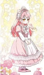Rule 34 | 1girl, blush, closed mouth, dress, eiryn (being raised by villains), highres, i&#039;m being raised by villains, long hair, pink dress, pink hair, pink ribbon, ribbon, sad, shoes, socks, very long hair, white socks, yellow eyes
