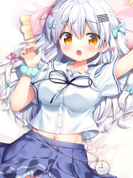 Rule 34 | 1girl, arm up, bed sheet, blue bow, blue scrunchie, blue skirt, blush, bow, breasts, collarbone, commentary request, frilled pillow, frills, grey hair, hair between eyes, hair bow, hair ornament, hairclip, long hair, looking at viewer, lying, medium breasts, midriff peek, navel, on back, open mouth, orange eyes, original, pillow, pink bow, pleated skirt, pocket watch, polka dot, polka dot pillow, polka dot scrunchie, sailor collar, sasai saji, scrunchie, shirt, short sleeves, skirt, solo, very long hair, watch, white sailor collar, white shirt, wrist scrunchie