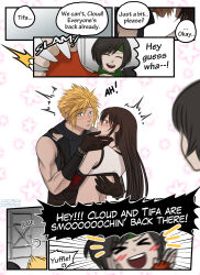 Rule 34 | 1boy, 2girls, absurdres, armor, azezazel, bare shoulders, black hair, blonde hair, blue eyes, blush, brown hair, cloud strife, couple, crop top, earrings, english text, final fantasy, final fantasy vii, final fantasy vii remake, fingerless gloves, gloves, headband, highres, imminent kiss, jewelry, looking at another, multiple girls, red eyes, screaming, short hair, shoulder armor, single bare shoulder, sleeveless, sleeveless turtleneck, speech bubble, spiked hair, square enix, surprised, sweater, tank top, text focus, tifa lockhart, turtleneck, turtleneck sweater, undershirt, white tank top, yuffie kisaragi