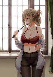 Rule 34 | 10s, 1girl, bad id, bare shoulders, black pantyhose, bra, breasts, brown hair, cleavage, crotch seam, folded ponytail, glasses, green eyes, gusset, kantai collection, katori (kancolle), looking at viewer, navel, panties, panties under pantyhose, pantyhose, pointer, riding crop, smile, solo, sotogawa max, thighband pantyhose, underwear