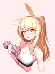 Rule 34 | 1girl, absurdres, animal ears, arknights, beudelb, blemishine (arknights), blonde hair, blush, commentary, cropped arms, cropped torso, dumbbell, exercising, highres, horse ears, korean commentary, long hair, looking at viewer, parted lips, pink background, ponytail, simple background, solo, sports bra, upper body, white sports bra
