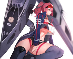 Rule 34 | 1girl, azur lane, belt, bikini, black shorts, blue jacket, breasts, bremerton (azur lane), cleavage, commentary request, crop top, crop top overhang, eyewear on head, from side, hair between eyes, high collar, jacket, jewelry, large breasts, looking to the side, machinery, midriff, mole, mole on breast, mole under eye, multicolored hair, navel, navel piercing, necklace, open mouth, piercing, red bikini, red eyes, red hair, rigging, senju (snz0), short shorts, shorts, solo, stomach, strap, streaked hair, sunglasses on head, swimsuit, thigh strap, thighhighs, thighs, turret, underboob, white belt