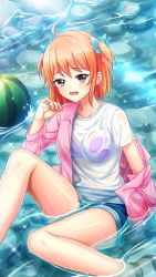 Rule 34 | 1girl, ahoge, bare legs, blue bow, blue shorts, blush, bow, day, doukyuusei another world, dress shirt, food, fruit, game cg, hair between eyes, hair bow, medium hair, official art, open clothes, open mouth, open shirt, orange hair, outdoors, pink shirt, red eyes, sendou chika, shiny skin, shirt, short shorts, short sleeves, shorts, sitting, solo, t-shirt, two side up, water, watermelon, wavy mouth, wet, wet clothes, wet shirt, white shirt