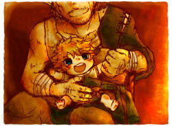 Rule 34 | 2boys, age difference, baby, bandages, blonde hair, blue eyes, child, earrings, father and son, happy, jewelry, link, male focus, motimamire, multiple boys, nintendo, pointy ears, sitting, sitting on lap, sitting on person, smile, the legend of zelda, the legend of zelda: twilight princess