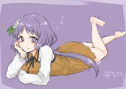 Rule 34 | 1girl, barefoot, blush, dress, elbow gloves, flower, full body, gloves, hair flower, hair ornament, leg lift, leg up, light purple hair, long sleeves, looking at viewer, low twintails, lying, monrooru, musical note, on stomach, purple eyes, quaver, short dress, simple background, solo, the pose, touhou, tsukumo benben, twintails