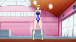 Rule 34 | 1girl, animated, animated gif, barefoot, bouncing breasts, breasts, brown hair, cameltoe, competition swimsuit, covered navel, exercising, female focus, full body, hair between eyes, hair ornament, indoors, kushiya inaho, large breasts, legs, looking at viewer, maken-ki!, one-piece swimsuit, red eyes, shadow, short hair, solo, standing, swimsuit, takami akio, thighs, window