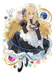 1boy alternate_costume apron arm_at_side artist_name ascot bishounen black_brooch black_dress black_footwear blonde_hair blue_ascot blue_eyes brooch cookie crossdressing cup dress earclip earrings expressionless fate/grand_order fate_(series) feathers food frilled_apron frills full_body glint gloves hair_between_eyes hair_ornament hand_up high_heels highres holding holding_plate jewelry juliet_sleeves kirschtaria_wodime long_dress long_hair long_sleeves looking_down maid maid_apron maid_headdress male_focus pantyhose parted_lips plate puffy_sleeves simple_background sitting sleeve_cuffs solo star_(symbol) sunfish3939 tea teacup white_apron white_background white_feathers white_gloves white_pantyhose