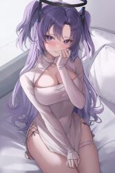Rule 34 | 1girl, absurdres, blue archive, blush, breasts, cleavage, closed mouth, collarbone, covered navel, dress, hair between eyes, halo, highres, large breasts, long hair, looking at viewer, mechanical halo, purple eyes, purple hair, red pupils, ryu o, sitting, solo, thigh strap, two side up, white dress, yuuka (blue archive)