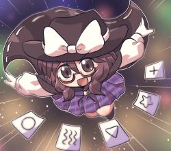 Rule 34 | 1girl, black cape, black hat, brown eyes, brown hair, cape, card, glasses, hair between eyes, hat, open mouth, outstretched arms, plaid, plaid skirt, pleated skirt, purple skirt, red-framed eyewear, rokugou daisuke, semi-rimless eyewear, shirt, short hair, signature, skirt, smile, solo, spread arms, touhou, usami sumireko, white shirt, zener card
