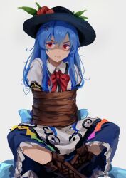 Rule 34 | 1girl, anger vein, black headwear, blue hair, blue skirt, bound, bow, bowtie, brown footwear, commentary, cross-laced footwear, english commentary, full body, grey background, highres, himuhino, hinanawi tenshi, leaf, long hair, looking at viewer, peach hat ornament, red bow, red bowtie, red eyes, restrained, rope, short sleeves, sidelocks, simple background, sitting, skirt, solo, tied up (nonsexual), touhou