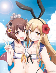 Rule 34 | 10s, 2girls, :d, adapted costume, asymmetrical docking, belly-to-belly, bikini, blonde hair, blue sky, breast press, breasts, brown eyes, brown hair, cloud, commentary request, day, flower, front-tie bikini top, front-tie top, grin, hair flower, hair ornament, hair ribbon, headgear, highleg, kantai collection, lifebuoy, long hair, looking at viewer, multiple girls, navel, neckerchief, ocean, open mouth, outdoors, reaching, reaching towards viewer, ribbon, sailor bikini, sailor collar, selfie, shimakaze (kancolle), short hair, sky, small breasts, smile, sparkle, swim ring, swimsuit, tomokichi, v, white bikini, yukikaze (kancolle)