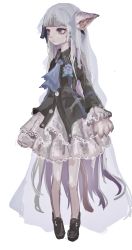 Rule 34 | 1girl, absurdres, animal ears, ascot, blue eyes, blunt bangs, bridal veil, cat ears, cat tail, domaso (sowdma2), dress, female focus, frilled dress, frills, full body, furry, furry female, grey hair, highres, long hair, original, shoes, simple background, solo, tail, veil, very long hair, white background