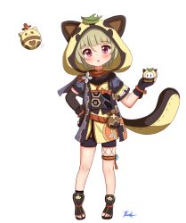 Rule 34 | 1girl, animal ears, animal hood, belt, belt pouch, blunt bangs, commentary, english commentary, fake animal ears, fake tail, firli (ard), full body, genshin impact, green hair, hair between eyes, highres, holding, hood, japanese clothes, jumpy dumpty, leaf, leaf on head, pouch, purple eyes, raccoon ears, raccoon tail, sayu (genshin impact), short hair, short sleeves, sidelocks, simple background, solo, standing, tail