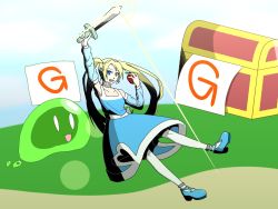 Rule 34 | 1girl, blonde hair, blue dress, blue eyes, blue footwear, clothing cutout, dress, food, fruit, headphones, headset, heart cutout, highres, holding, holding food, holding fruit, holding sword, holding weapon, hood cap, looking at viewer, open mouth, rta-chan, rta in japan, sleeveless, sleeveless dress, slime (creature), smile, solo, sword, thighhighs, twintails, weapon, white thighhighs
