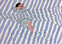 Rule 34 | 1boy, 9bmmnn, barefoot, bed sheet, black hair, blue stripes, covering face, flat color, full body, ligne claire, limited palette, long sleeves, lying, male focus, on side, original, pajamas, short hair, solo, striped, white stripes