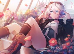 Rule 34 | 1girl, black coat, black hair, black shorts, blue eyes, blurry, blurry background, boots, cevio, choker, ci flower, coat, commentary, cross-laced footwear, expressionless, falling petals, flower, flower (vocaloid), from below, hands on headphones, hands up, highres, kneehighs, lace-up boots, looking at viewer, mi no take, multicolored hair, petals, red flower, shirt, short hair, shorts, sitting, socks, solo, stairs, streaked hair, thighs, tulip, vocaloid, white hair, white shirt