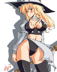 Rule 34 | &gt;:(, 1girl, adapted costume, alternate costume, black thighhighs, blonde hair, blush, bow, braid, breasts, breasts apart, broom, center opening, choker, collarbone, covered erect nipples, female focus, frown, hat, hat bow, head tilt, highres, kirisame marisa, large breasts, long hair, looking at viewer, midriff, navel, puffy sleeves, shiny clothes, simple background, single braid, solo, standing, thighhighs, touhou, v-shaped eyebrows, white background, wide hips, witch, witch hat, yellow eyes, yuro (yuroaoj)
